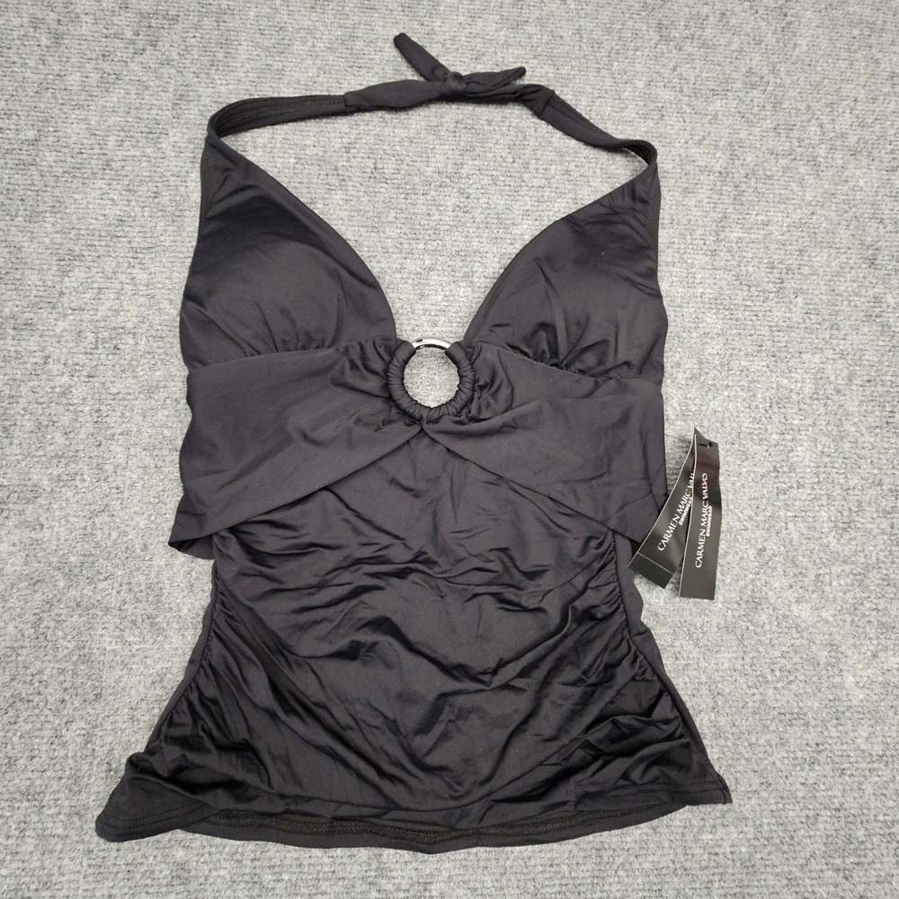 Carmen Marc Valvo Womens Tankini Top Halter Ring Ruched Swimwear Black Small S